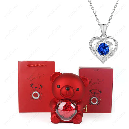 Naszyjnik z czerwonym sercem w pudełku prezentowym z różą i uroczym misiem