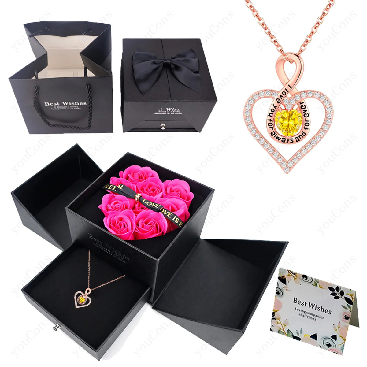 Naszyjnik z zawieszką w kształcie serca z cyrkoniami z dziewięcioma różami w pudełku – zestaw biżuterii 2026