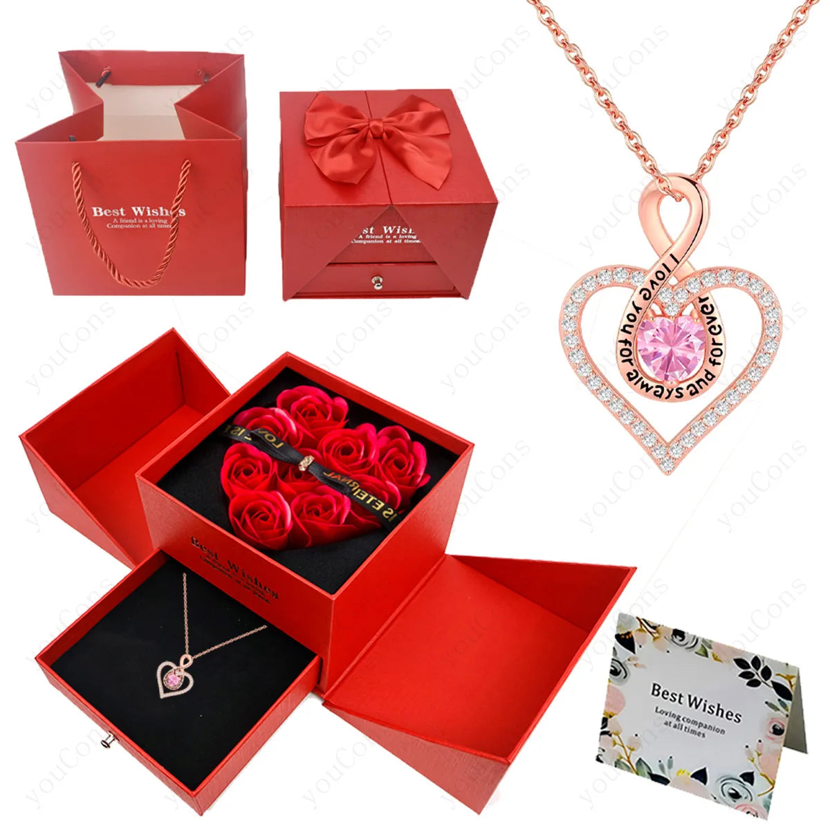Naszyjnik z zawieszką w kształcie serca z cyrkoniami z dziewięcioma różami w pudełku – zestaw biżuterii 2026
