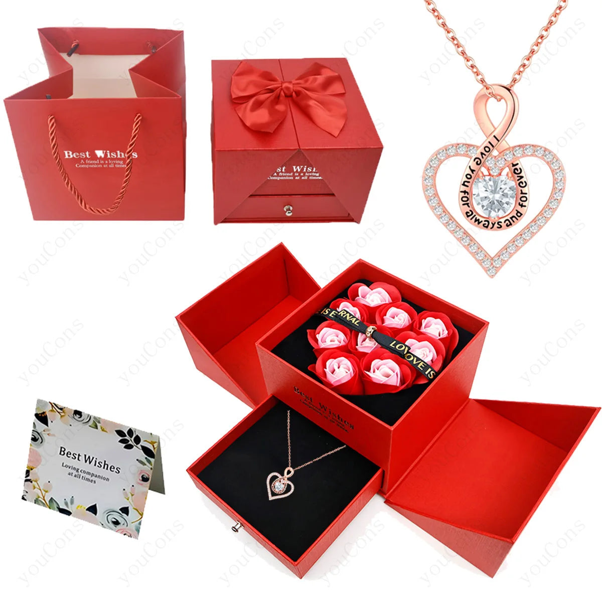Naszyjnik z zawieszką w kształcie serca z cyrkoniami z dziewięcioma różami w pudełku – zestaw biżuterii 2026