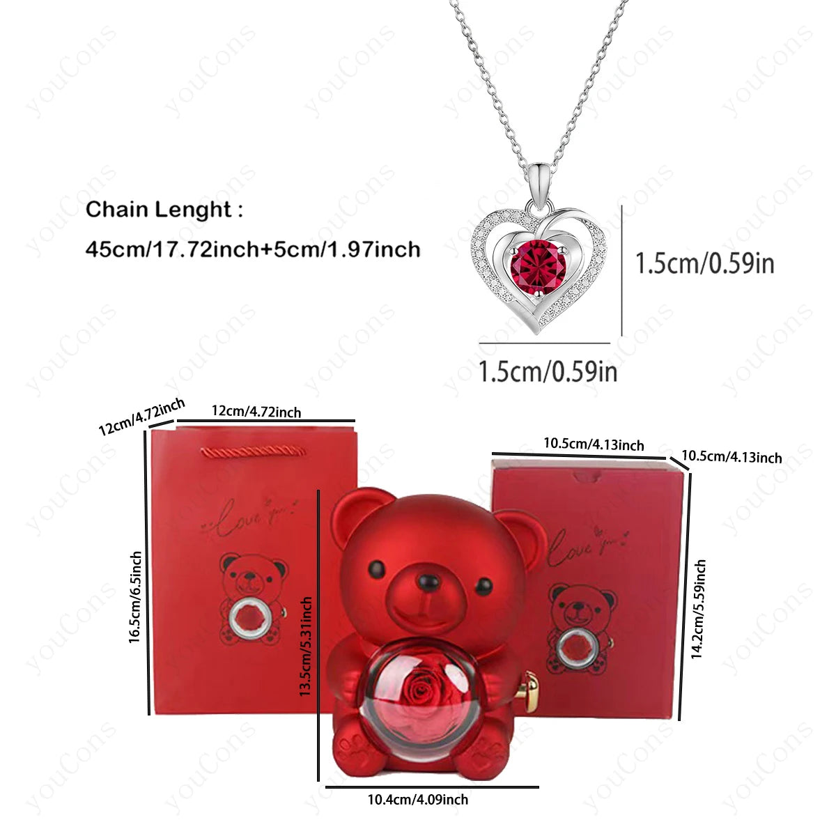 Naszyjnik z czerwonym sercem w pudełku prezentowym z różą i uroczym misiem