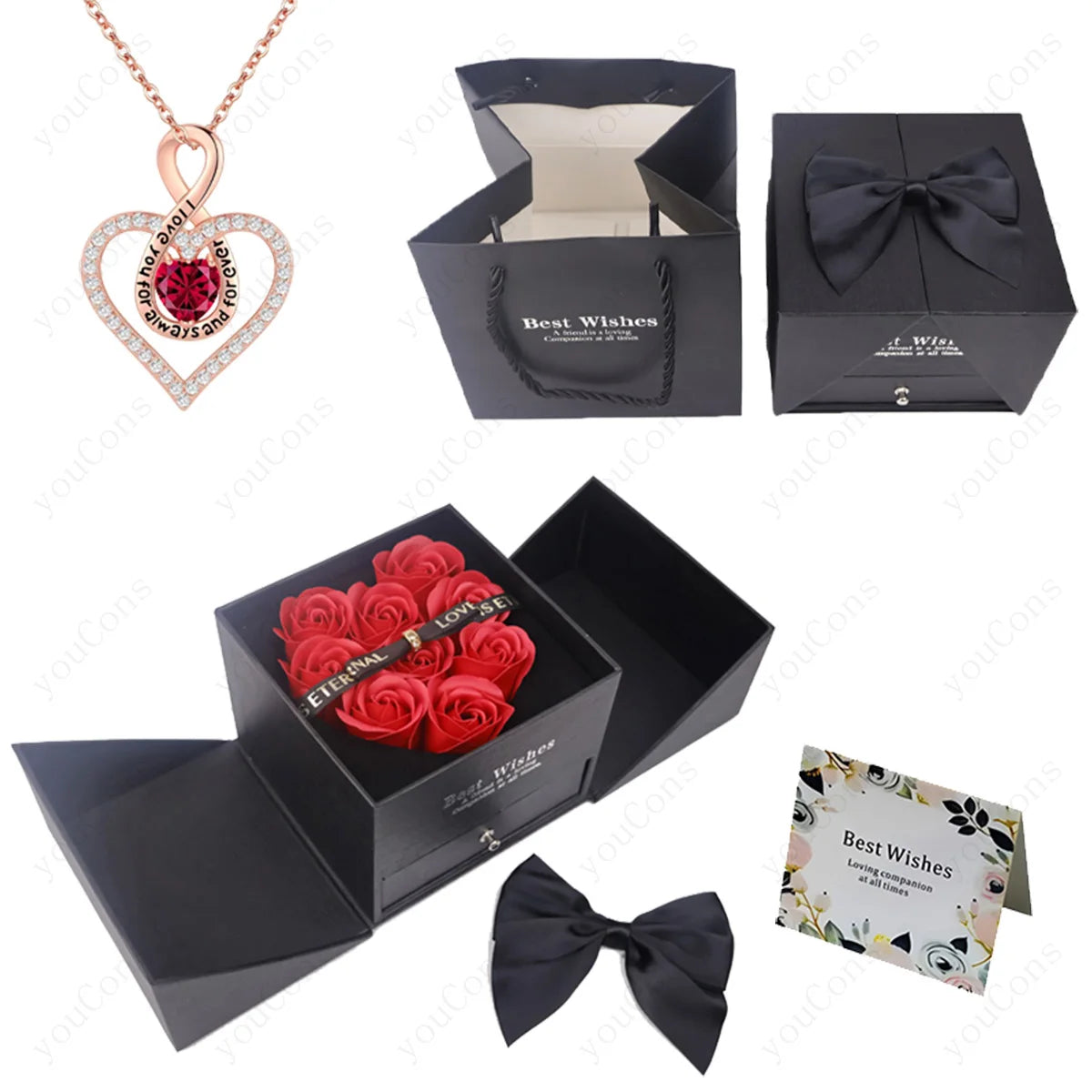 Naszyjnik z zawieszką w kształcie serca z cyrkoniami z dziewięcioma różami w pudełku – zestaw biżuterii 2026