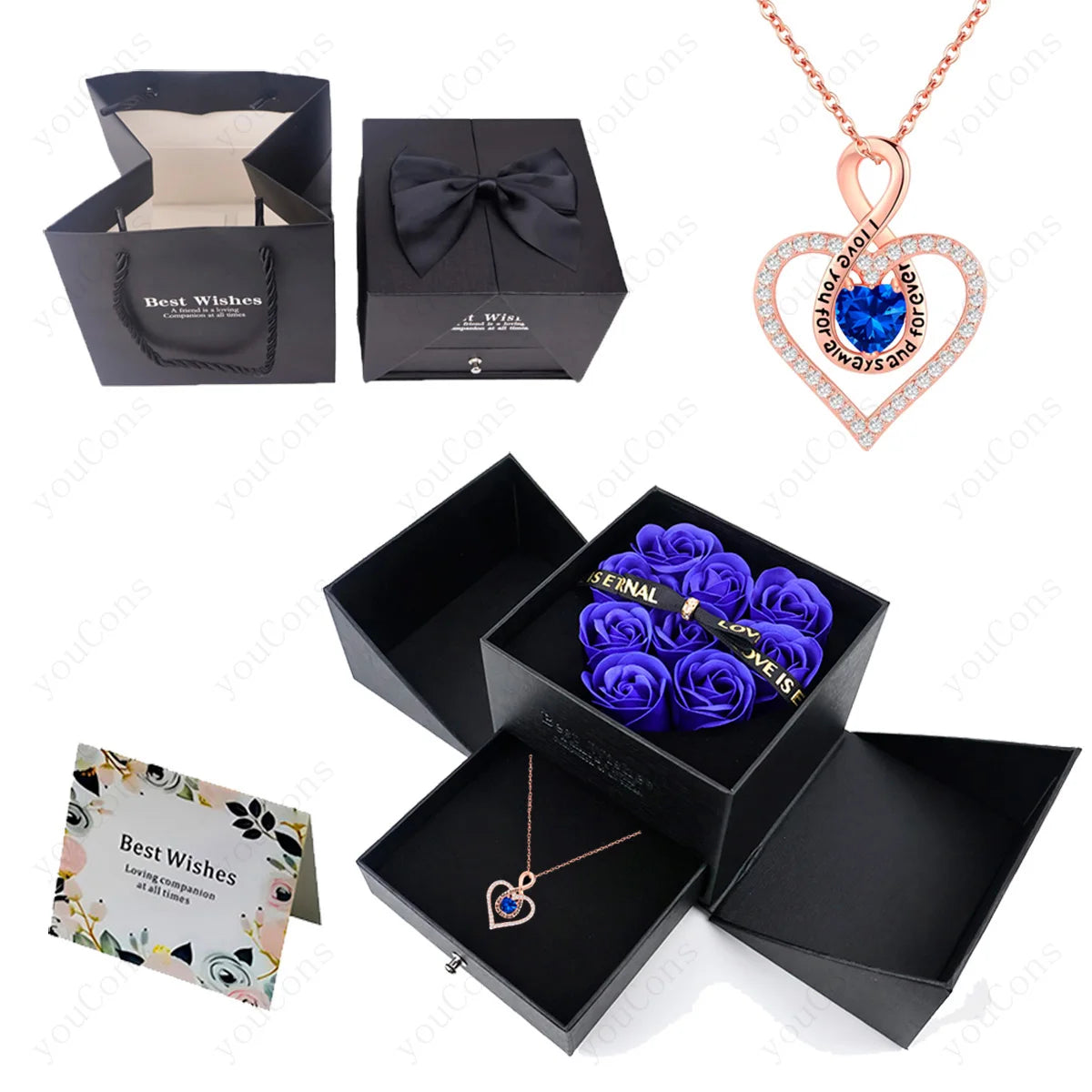 Naszyjnik z zawieszką w kształcie serca z cyrkoniami z dziewięcioma różami w pudełku – zestaw biżuterii 2026
