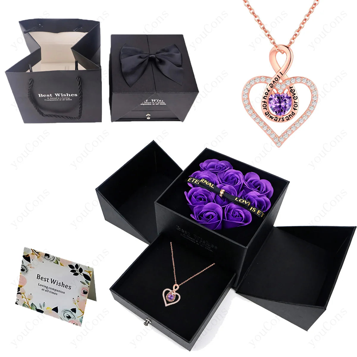Naszyjnik z zawieszką w kształcie serca z cyrkoniami z dziewięcioma różami w pudełku – zestaw biżuterii 2026
