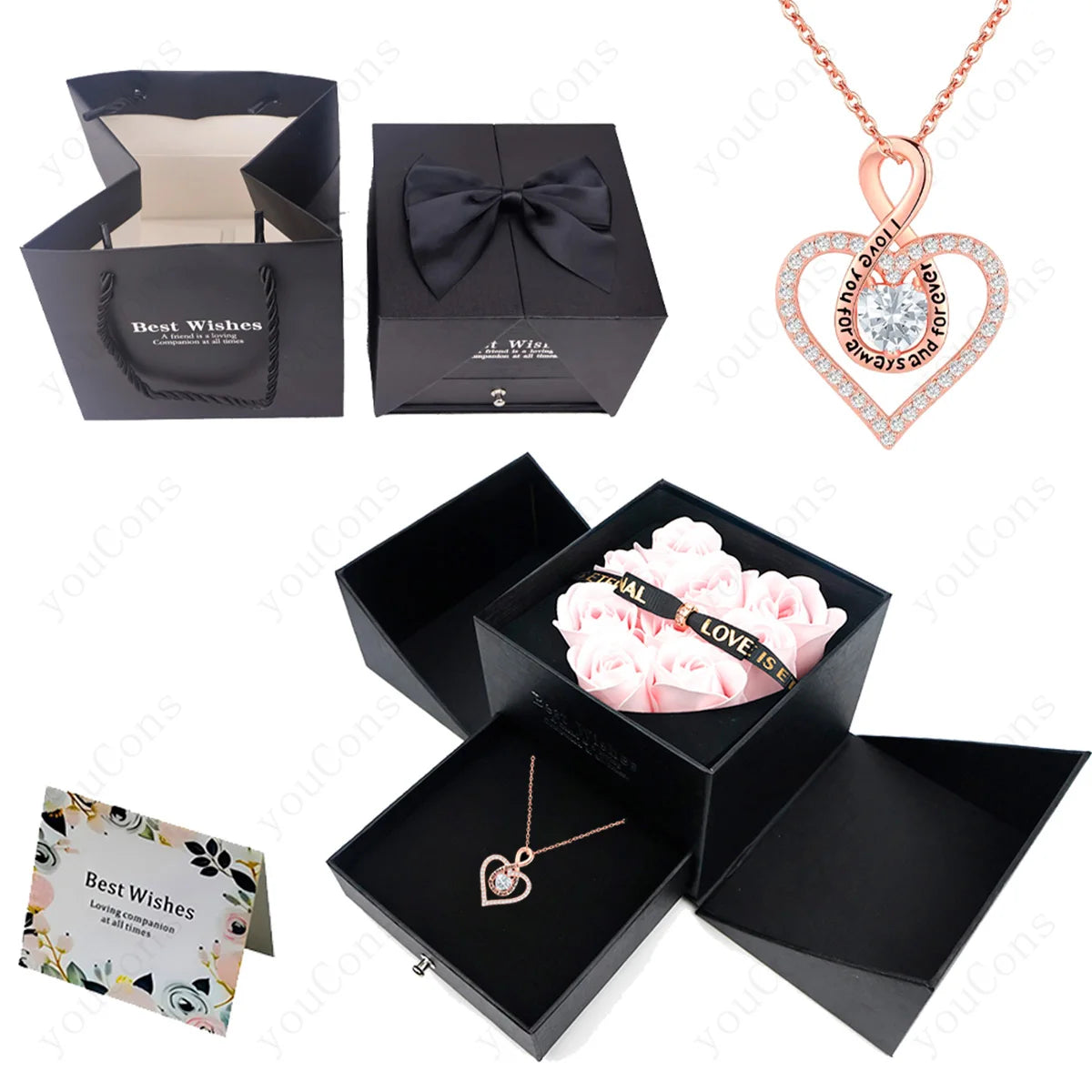 Naszyjnik z zawieszką w kształcie serca z cyrkoniami z dziewięcioma różami w pudełku – zestaw biżuterii 2026