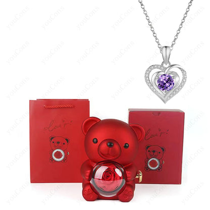 Naszyjnik z czerwonym sercem w pudełku prezentowym z różą i uroczym misiem