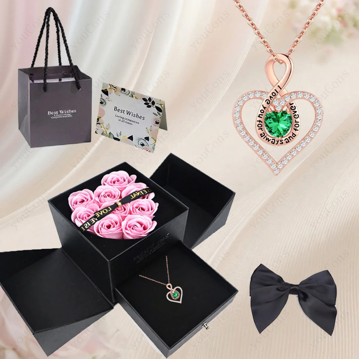 Naszyjnik z zawieszką w kształcie serca z cyrkoniami z dziewięcioma różami w pudełku – zestaw biżuterii 2026