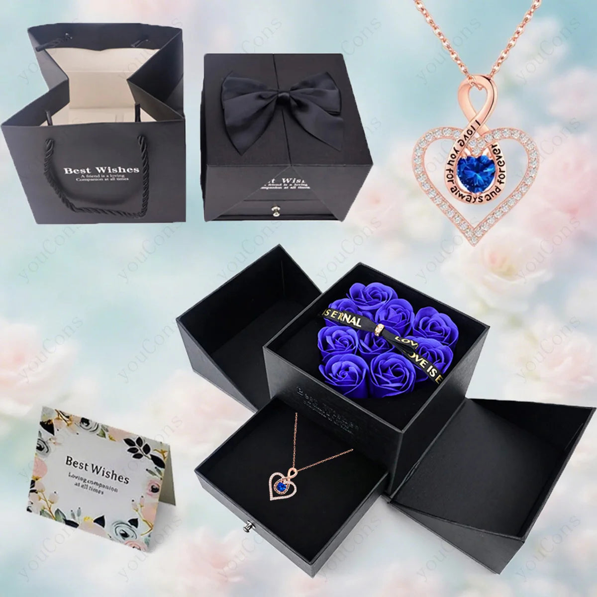 Naszyjnik z zawieszką w kształcie serca z cyrkoniami z dziewięcioma różami w pudełku – zestaw biżuterii 2026