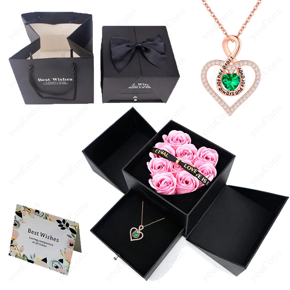 Naszyjnik z zawieszką w kształcie serca z cyrkoniami z dziewięcioma różami w pudełku – zestaw biżuterii 2026