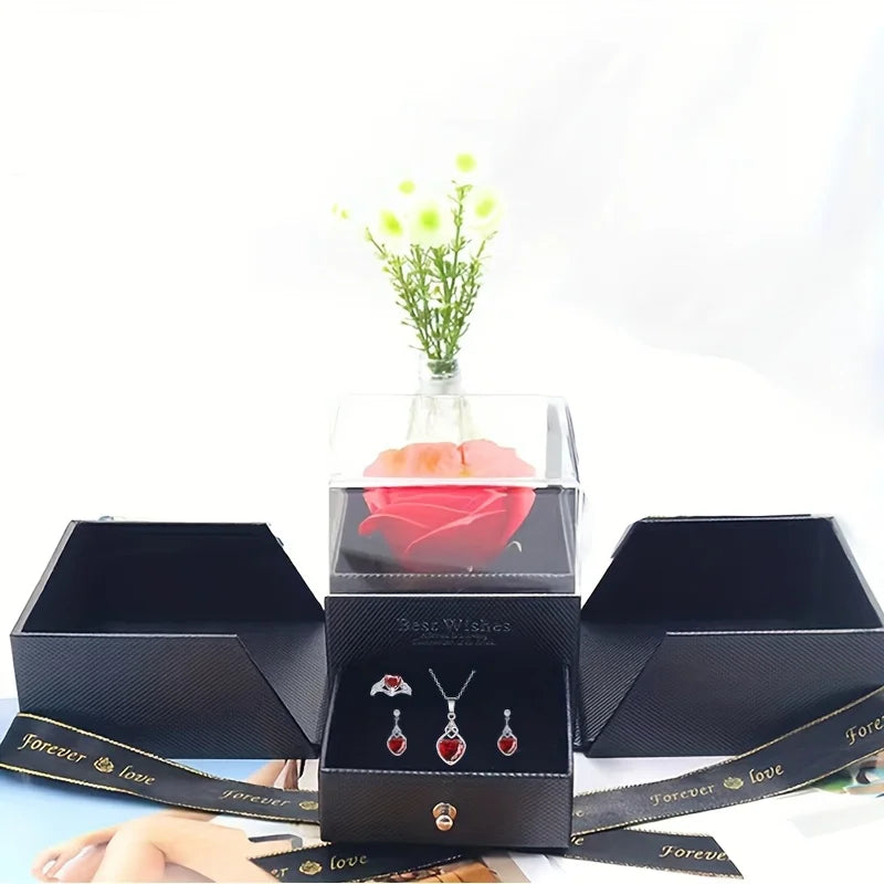 Modny, prosty komplet biżuterii ze stopu metalu z motywem serca (kolczyki, pierścionek, naszyjnik) w pudełku prezentowym z różą